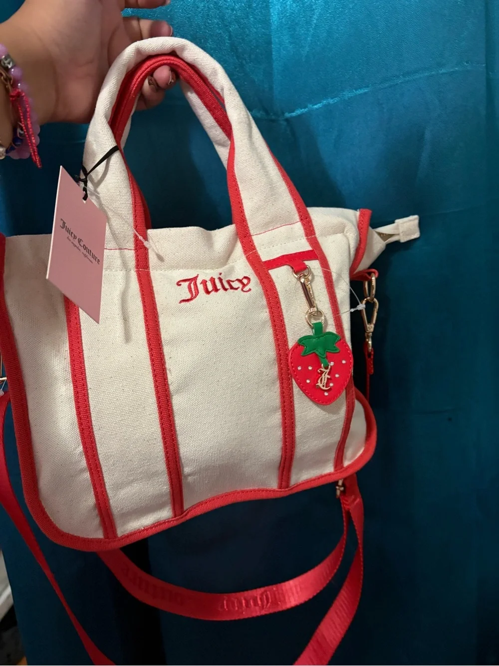 Juicy Couture Cream Canvas Tote with Red Trim and Strawberry Charm